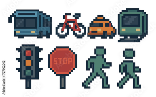 Pixel art traffic icons: bus, bicycle, taxi, train, and pedestrian signals