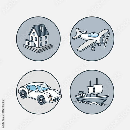 Collection of diverse transportation and housing icons, including a house, airplane, car, and boat, representing different modes of travel and shelter