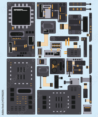 Set of circuit electronic integrated board component, Isometric element in flat design.