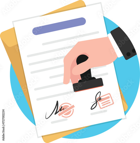 Hand stamping on a contract paper official document with two signed.