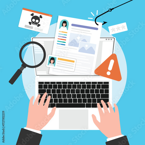 Profile data phishing hacking on laptop with skull error icon notification.