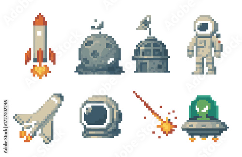 Retro pixel art space icons: rocket, astronaut, ufo, moon, and spacecraft