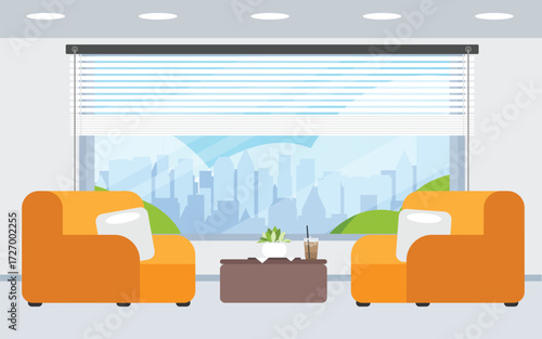 Modern office waiting area on high floor view, Relaxing area with sofa, Reception interior with sitting place.