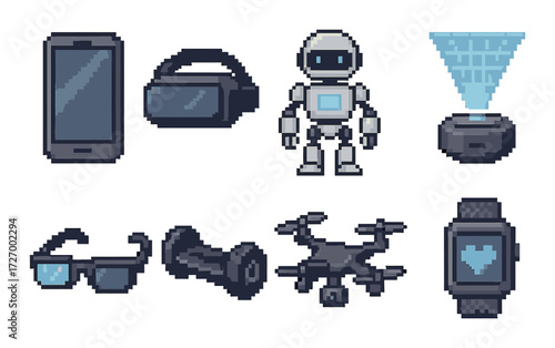 Pixel art collection of modern gadgets and technology devices