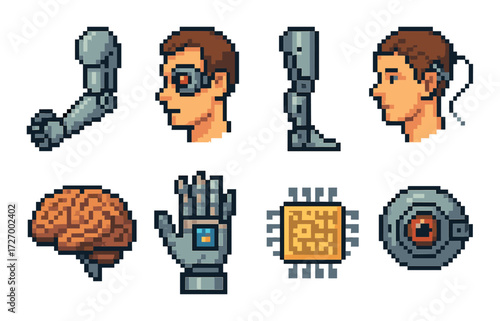 Pixel art of human augmentation: prosthetics, bionics, and brain implants