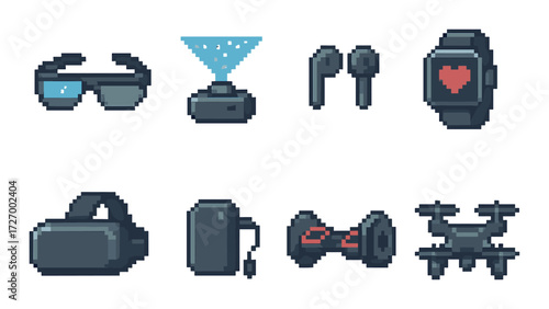 Pixel art of modern gadgets: vr, smartwatch, headphones, drone, hologram projector