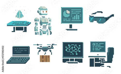 Futuristic technology icons featuring robot, ai, and digital devices in a 3d virtual environment