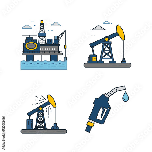 Vector icon set illustrating the oil and gas industry, from extraction to fuel. Features an offshore rig, pumpjack, and a gasoline nozzle