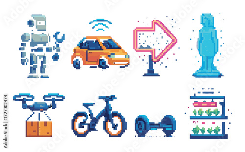 Futuristic technology icons with robot car drone and ai elements