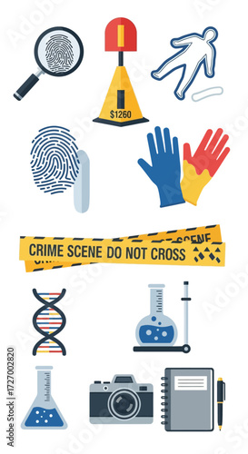 A collection of flat design vector icons representing forensic science and crime scene investigation elements