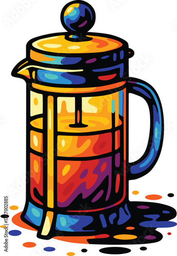 Editable EPS of a colorful French press coffee maker with bold gradient tones, perfect for cafe branding, beverage packaging, menu design, posters, kitchen decor, and modern lifestyle themes.
