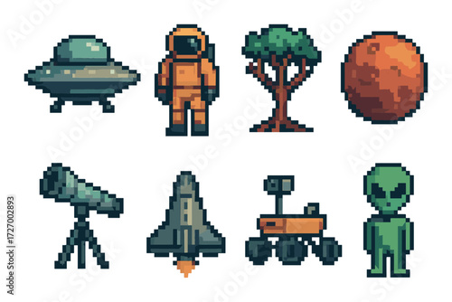 Pixel art space exploration icons: ufo, astronaut, mars, telescope, alien, rocket, rover