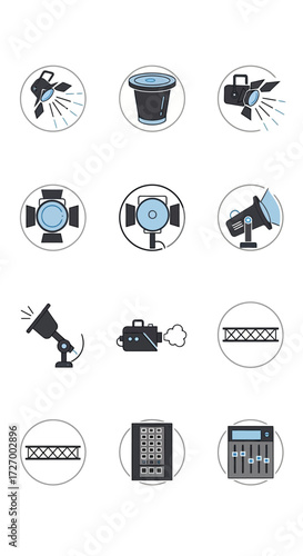 A versatile icon set illustrating professional stage lighting and theater production equipment for digital media