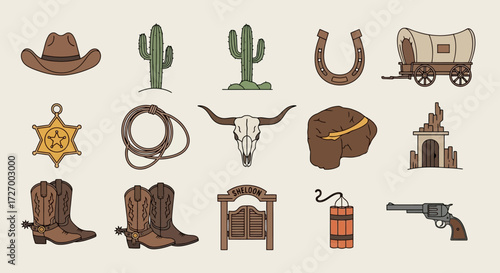 Hand-drawn vector set of Old West icons, a collection of cowboy, desert, and frontier life symbols