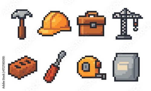 Pixel art construction tools: hammer, hard hat, toolbox, crane, brick, screwdriver, tape measure, cement bag