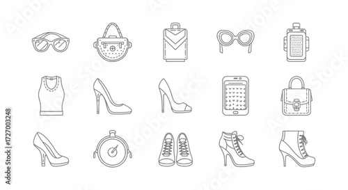 A comprehensive vector icon collection featuring various modern fashion accessories and stylish women's apparel for diverse lifestyle and wardrobe design projects