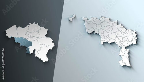 Minimalist 3D Map of Hainaut Belgium Municipality with District Borders
