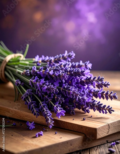 Lavender bouquet on wooden boards