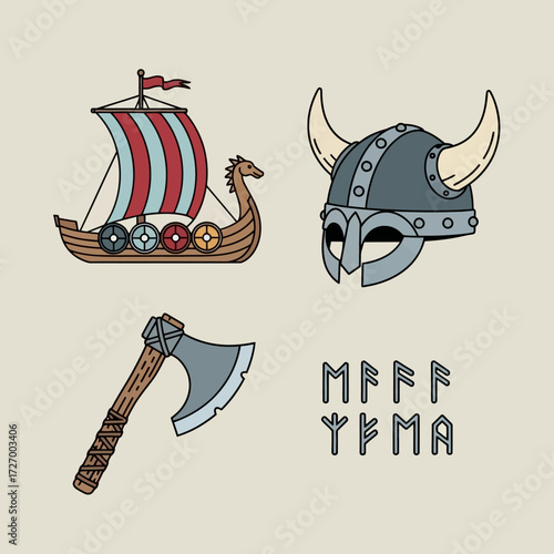 Viking essentials A cartoon illustration of a ship, helmet, axe, and ancient runes