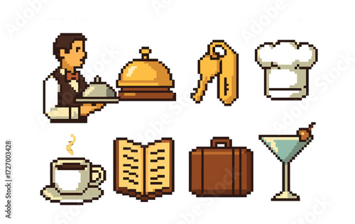Retro pixel hospitality icons: bellboy, chef hat, luggage, cocktail glass, and more