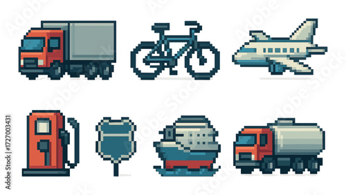 Pixel art icons: vehicles and transport modes - truck, bicycle, airplane, gas pump, ship