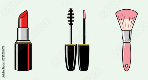 Set of three essential beauty makeup items red lipstick, mascara, and a powder brush, isolated on a plain background