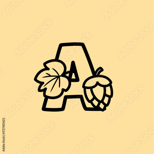 A graphic logo design featuring the capital letter A adorned with a hop cone and a leaf on a pale yellow background.