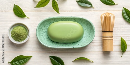 Green soap matcha powder whisk and leaves on white wooden surface top view image