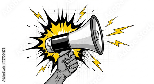 Trendy Halftone Collage Social media news. Hand holding Megaphone with announce information. Propaganda and fake news. Sale and marketing promotions. Contemporary vector illustration art
