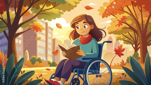 A very beautiful close up portrait of young girl sitting in wheelchair and reading book, enjoying warm autumn sunshine, surrounded by golden leaves, peaceful city park atmosphere filled with joy.