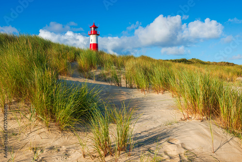 Der Lister Leuchtturm im Morgenlicht am Ellenbogen auf der Insel Sylt, Deutschland