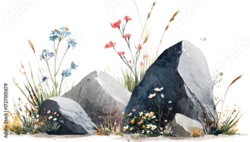 Watercolor illustration of rocks and wildflowers, white background, simple, flat design, cute style, high resolution, professional photograph