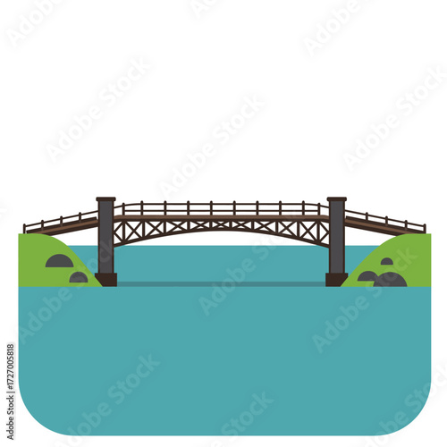 Illustration of a bridge spanning water with green banks on either side.