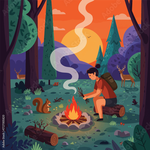 An illustrated scene of a person building a campfire in a vibrant forest at sunset, with deer and a squirrel nearby.