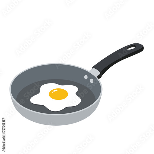 Illustration of a single sunny-side-up fried egg cooking in a grey frying pan with a black handle, isolated on a white background.