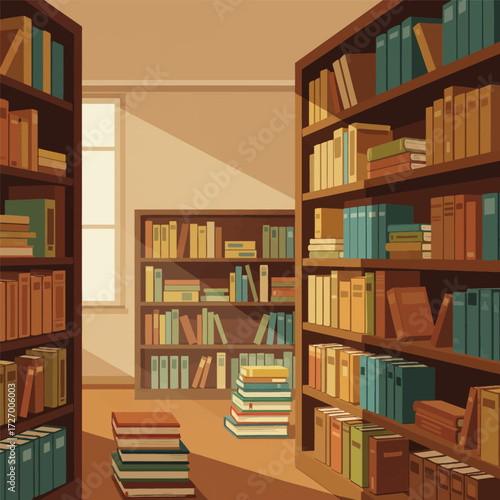 Well-lit library interior with bookshelves filled with various books, and stacks of books on the floor.