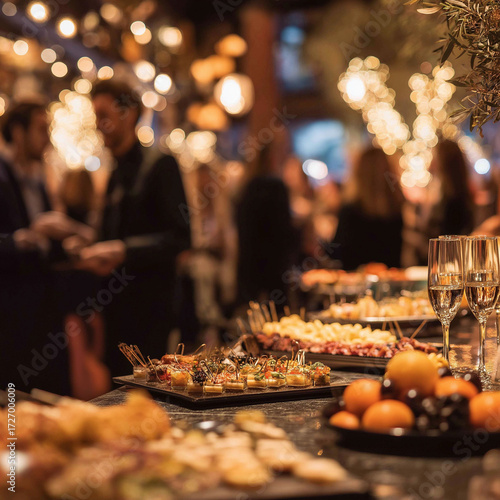 Elegant party buffet table with people socializing