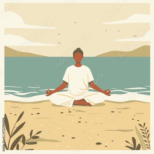 A person meditating in a lotus position on a sandy beach with the ocean and mountains in the background under a calm sky.