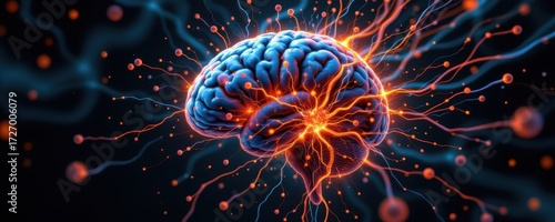 human brain experiencing stress, amygdala glowing, hippocampus shrinking, prefrontal cortex dimmed, neural circuits chaotic, conceptual abstract neuro art digital painting