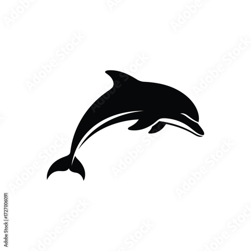 Elegant black silhouette of a graceful marine creature, a leaping dolphin embodying oceanic joy and aquatic freedom.