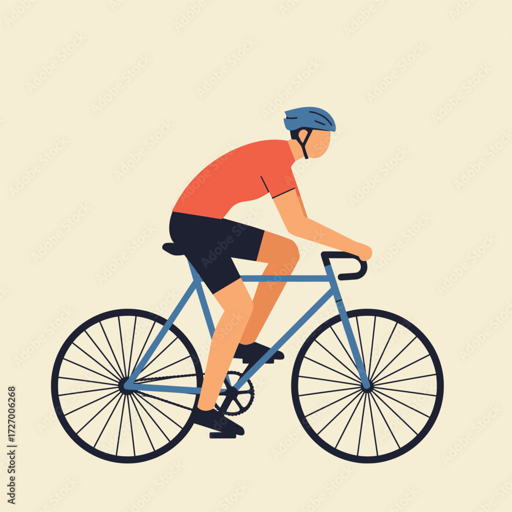Fototapeta premium Illustration of a cyclist wearing a helmet and riding a bicycle on a light background.