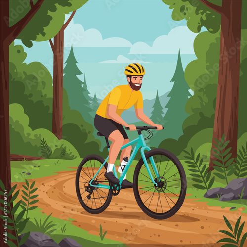 A man rides a mountain bike on a dirt trail through a forest with trees and greenery.