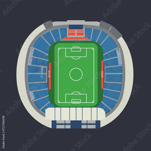 Overhead view of a soccer stadium with green field and blue seating.