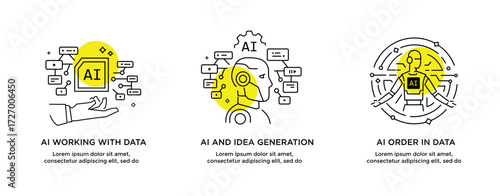 Set of illustrations concept with businessmen. technology, partnership, artificial intelligence business robot, cybes. linear illustration Icons infographics. Landing page site print poster. Line