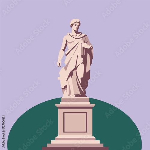 A classical marble statue of a man in draped robes stands on a pedestal against a muted purple background.