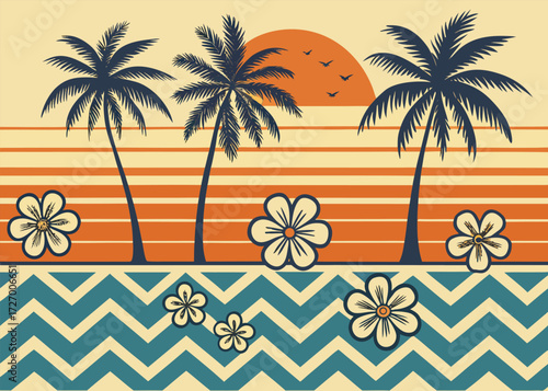 Retro tropical landscape with palm trees, flowers, sun and sea waves