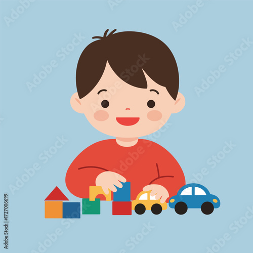 A cute cartoon boy with brown hair happily playing with colorful building blocks and toy cars on a light blue background.