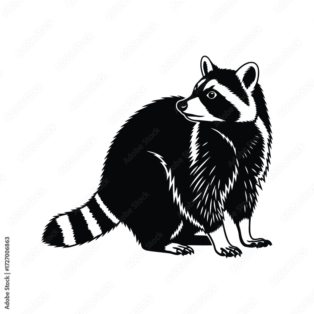 Fototapeta premium A striking black and white vector illustration of a wild raccoon on an isolated background.