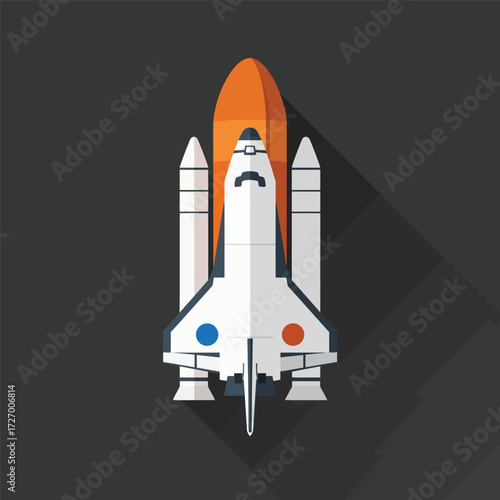 Flat design illustration of a space shuttle with an orange external tank and white boosters, viewed from above with a long shadow.