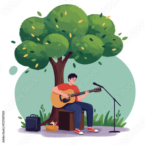A young man busking, playing an acoustic guitar and singing into a microphone while sitting under a large, leafy tree outdoors.